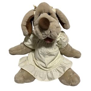 Vintage 1981 Wrinkles Dog Puppet Plush Tan/Light Gray Yellow Dot Dress Ganzbros